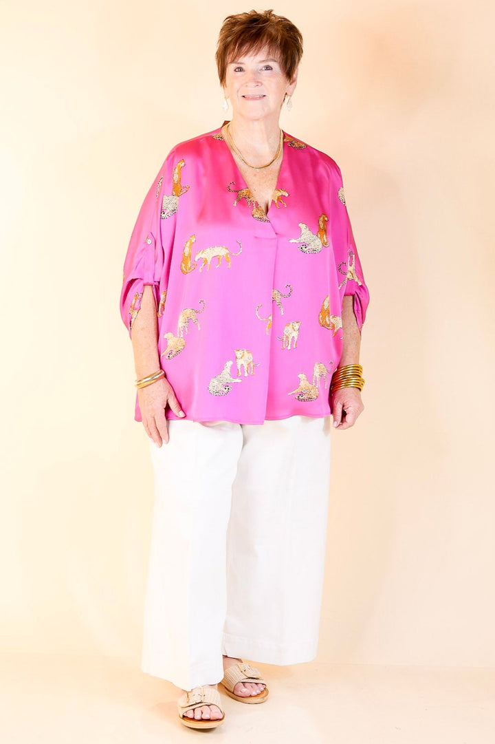 Staying Wild V-Neck Leopard Print 3/4 Sleeve Blouse in Hot Pink