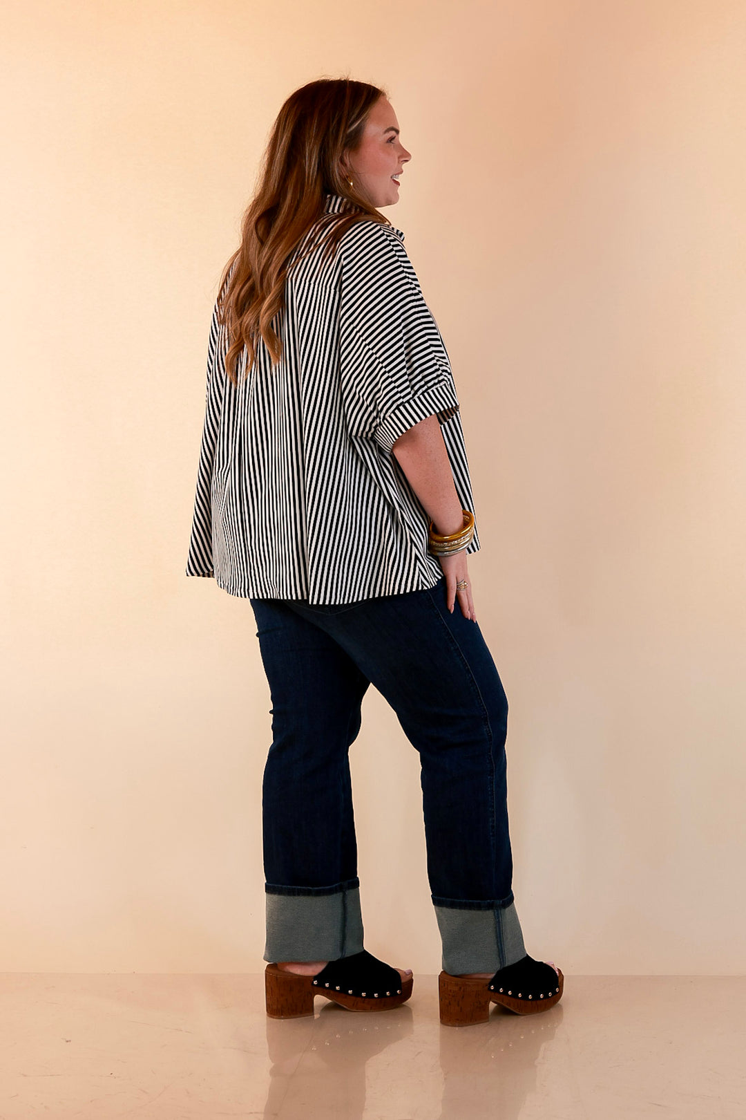 Perfectly Aligned Button Down Collared Top with Vertical Ivory Stripe Detail in Black