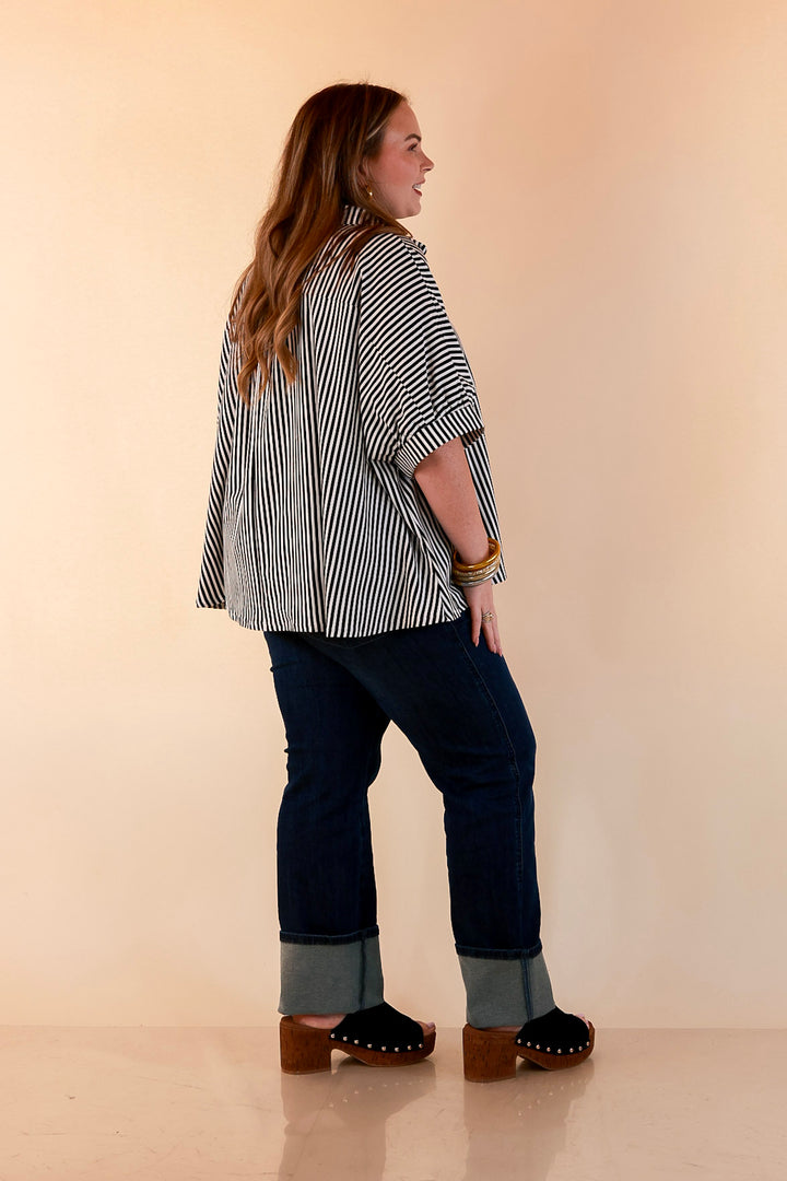 Perfectly Aligned Button Down Collared Top with Vertical Ivory Stripe Detail in Black