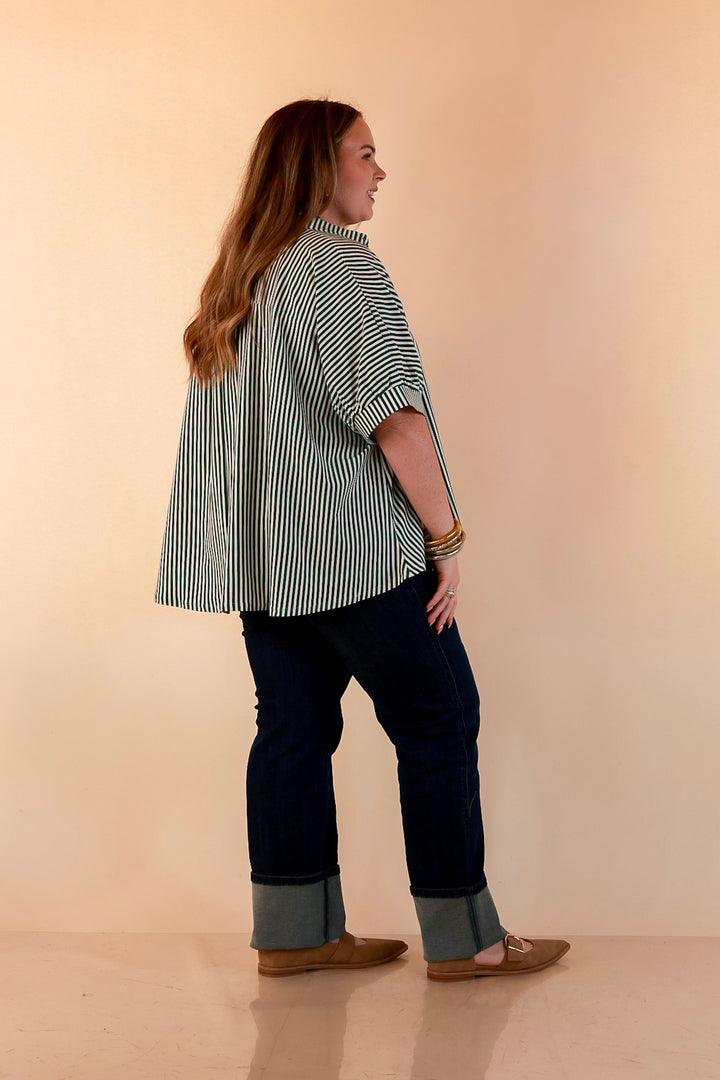 Perfectly Aligned Button Down Collared Top with Vertical Ivory Stripe Detail in Forest Green