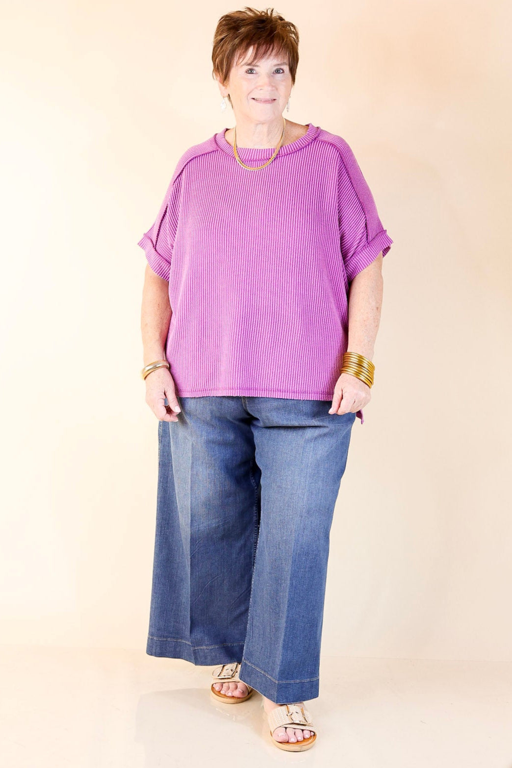 Daily Perfection Scoop Neck Short Sleeve Ribbed Top in Purple