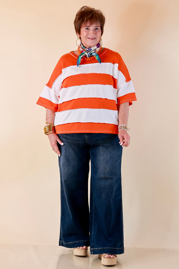 Simply Styled Color Block Rugby Style Relaxed Short Sleeve Top in Orange