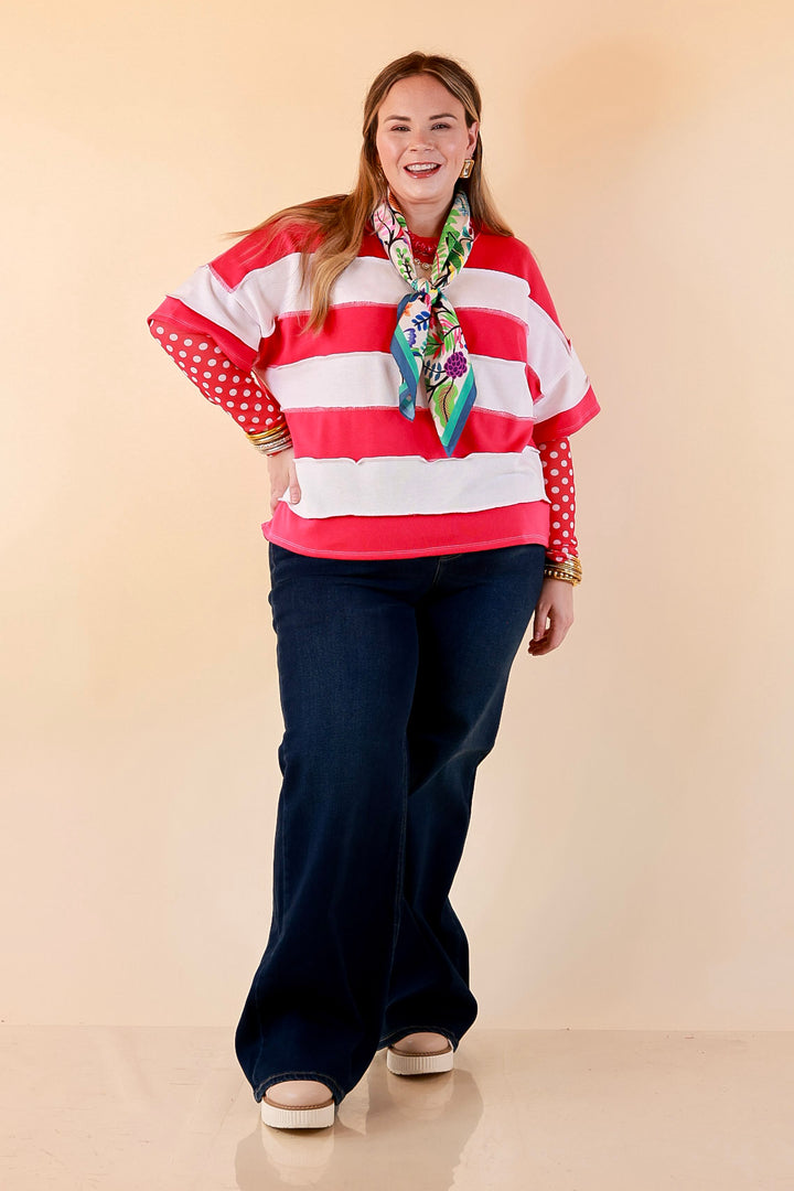 The Essential Layer White Polka Dot Print Sheer Mesh Long Sleeve Top in Hot Pink