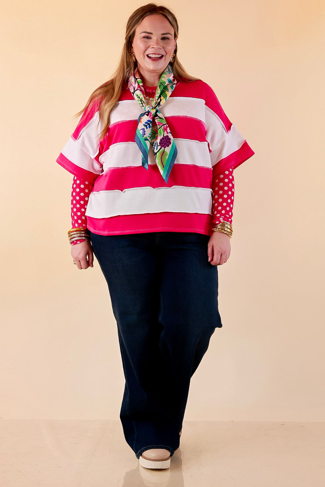 Simply Styled Color Block Rugby Style Relaxed Short Sleeve Top in Hot Pink
