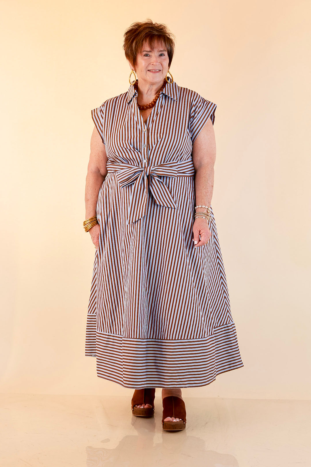 In Good Standing Striped Tie Waist Button Down Midi Dress in Blue and Brown