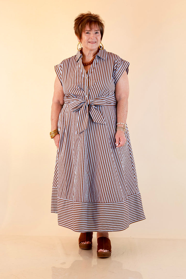 In Good Standing Striped Tie Waist Button Down Midi Dress in Blue and Brown