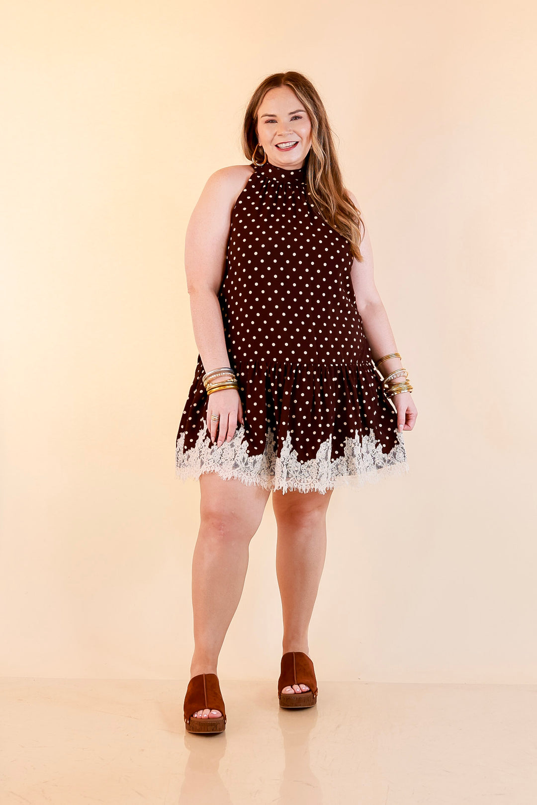 Something to Love Polka Dot Lace Trim Halter Dress in Chocolate Brown and Ivory
