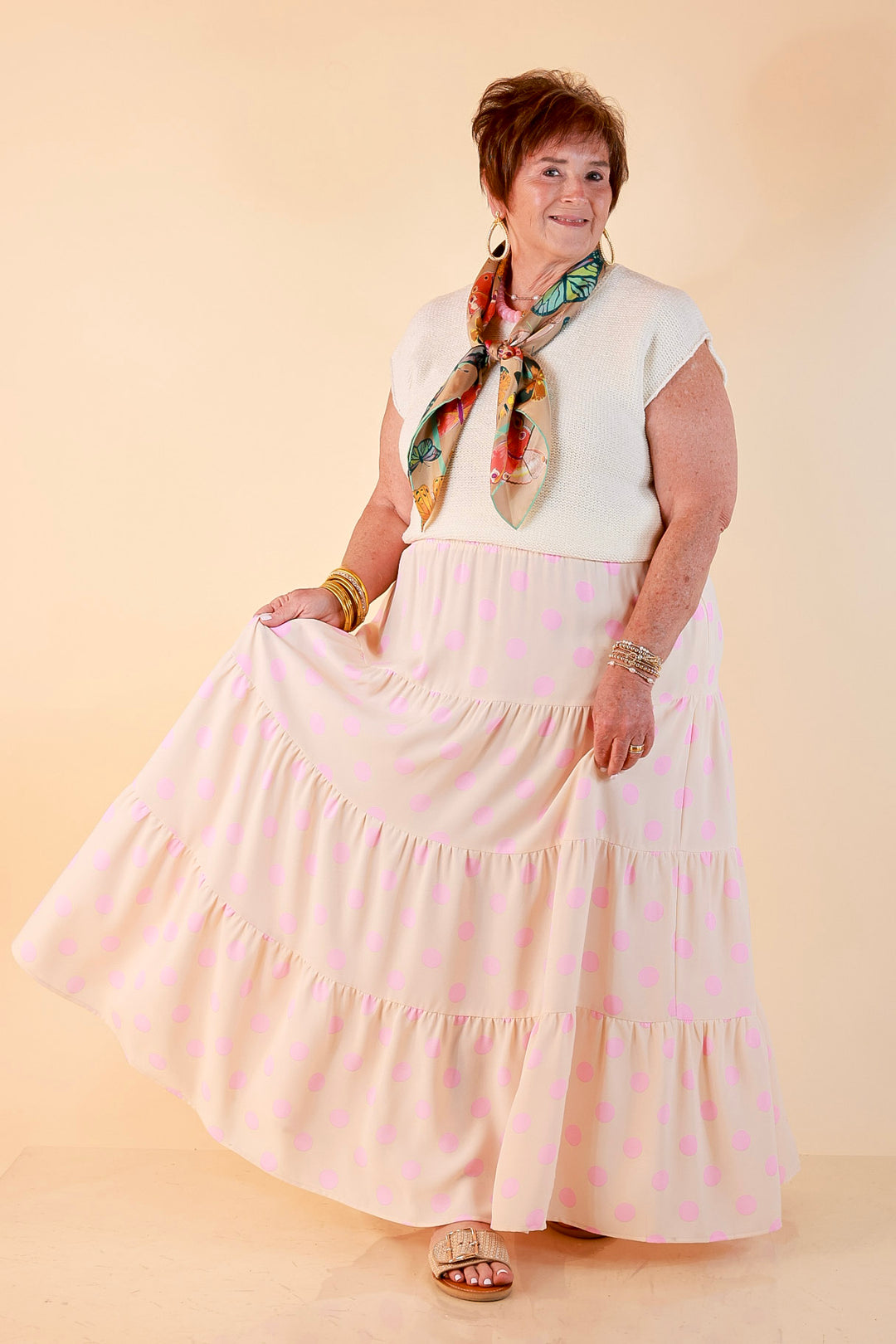 Sweet Spot Polka Dot Print Tiered Maxi Skirt with Elastic Waistband in Cream and Pink