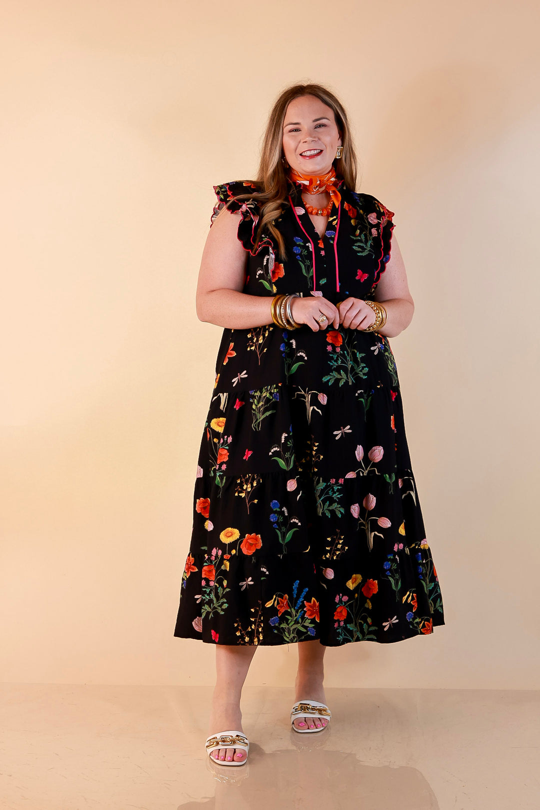 Flourishing Charm Floral Ruffle Cap Sleeve Tiered Midi Dress in Black