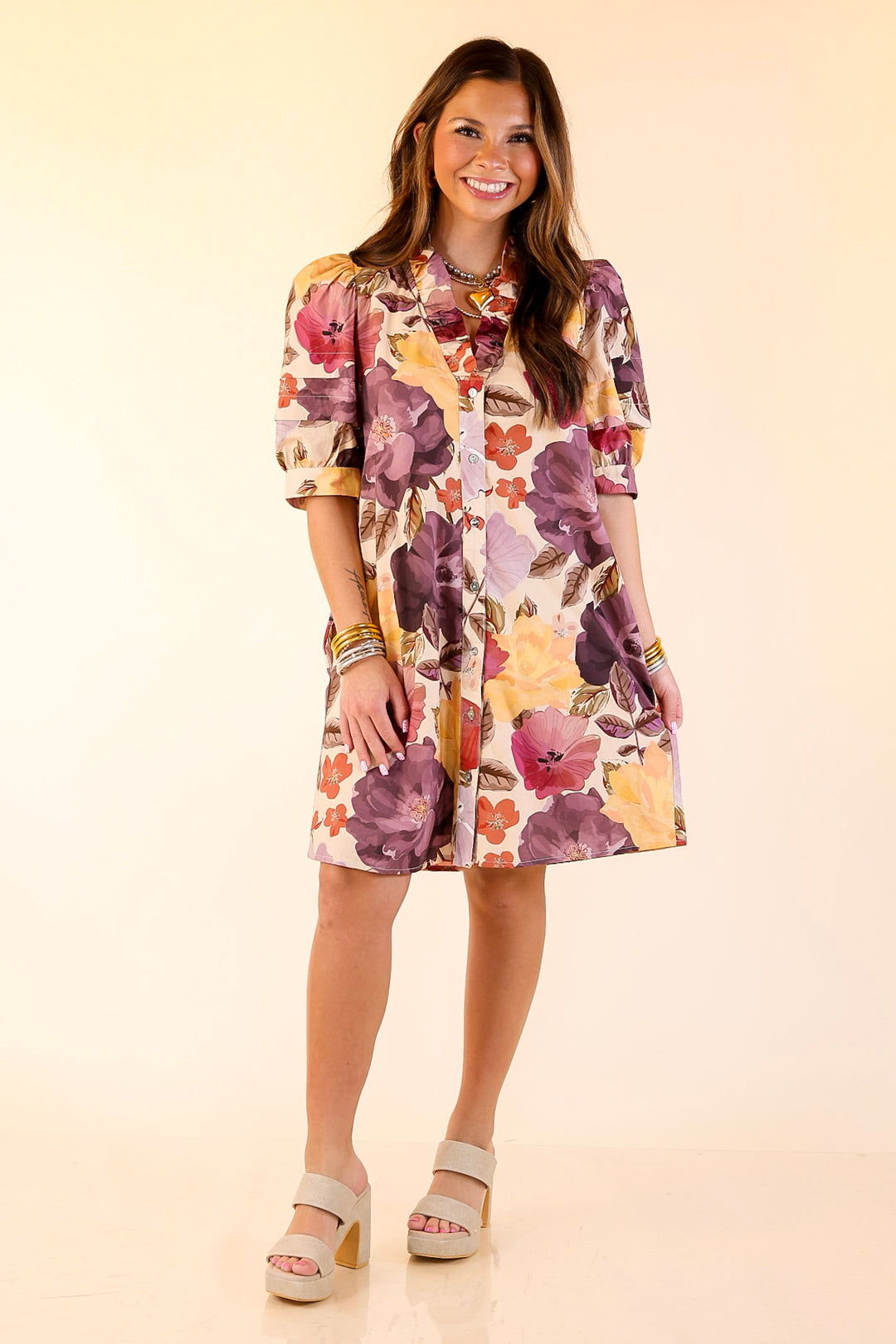 Blooming Statement Button Up Dress with Ruffle Trim and Puff Sleeves in Cream Mix