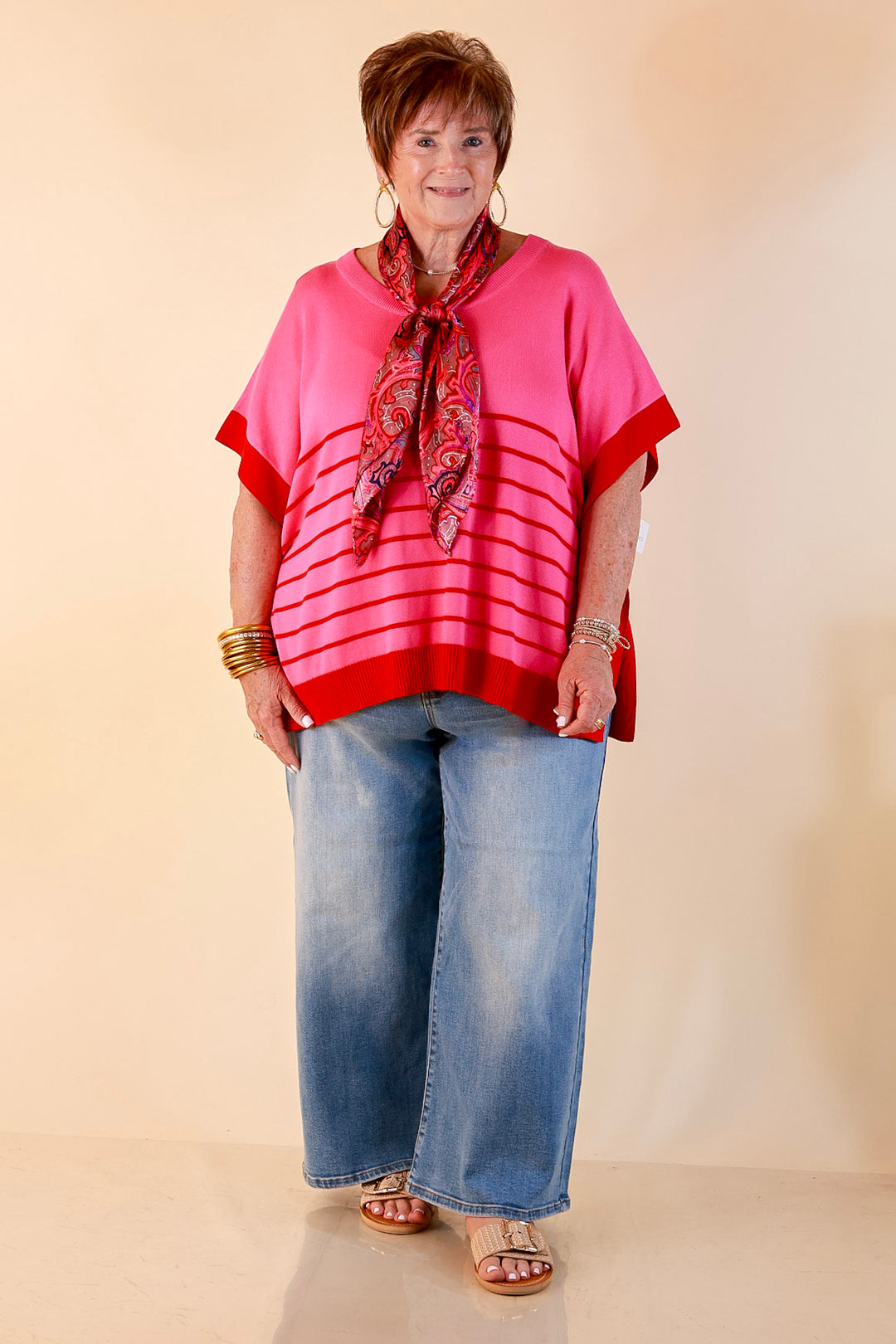 Casual to Chic Short Sleeve Striped Poncho Top in Pink and Red