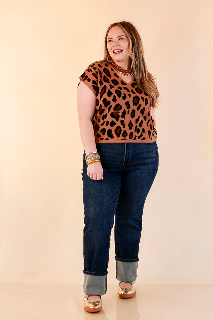 Natural Instinct Leopard Print V-Neck Sweater Knit Top in Camel and Black