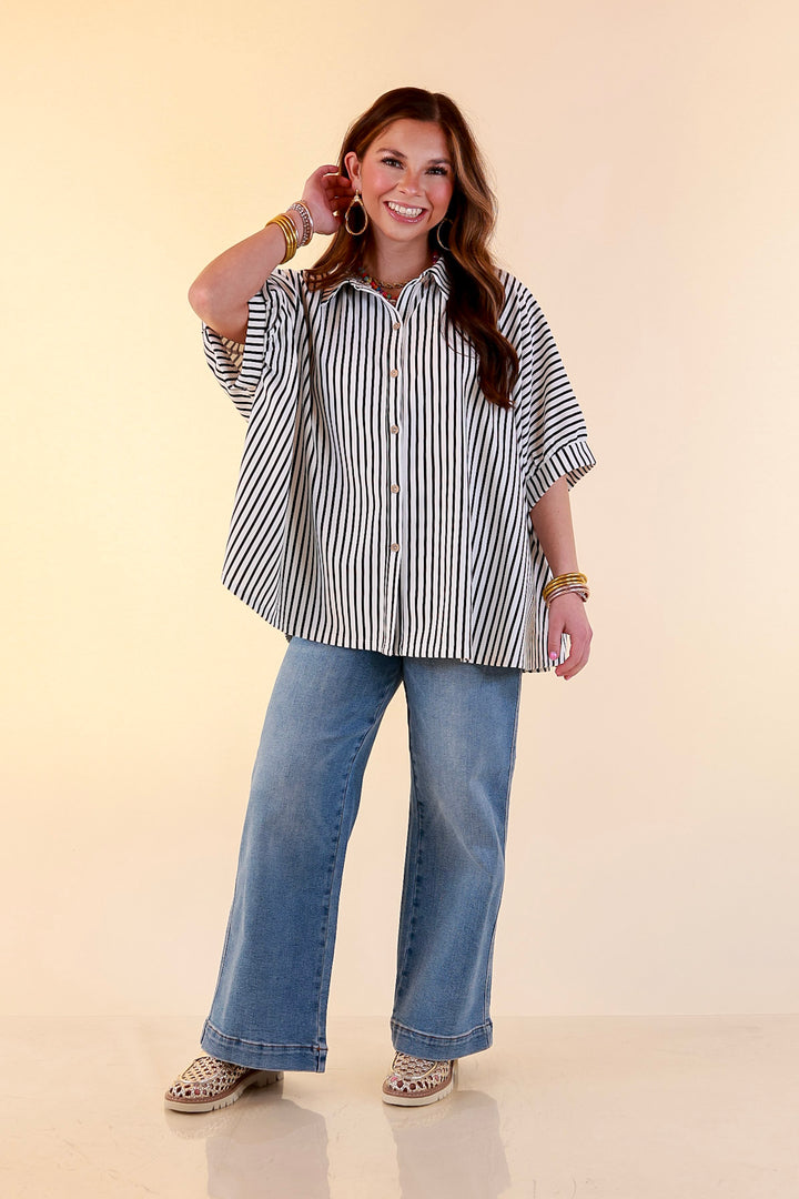 Effortlessly Aligned Button Down Collared Top with Vertical Ivory Stripe Detail in Black