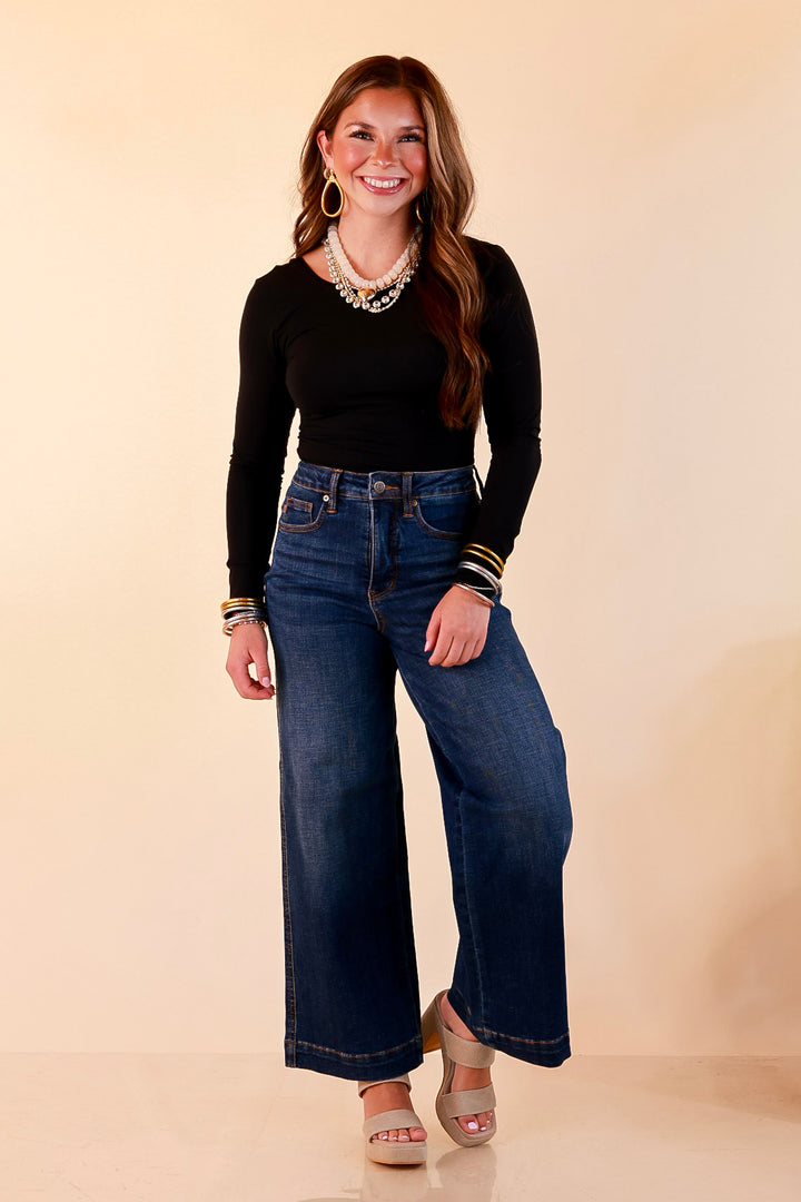Judy Blue | Wide Open Style Ankle Length Cropped Wide Leg Tummy Control Trouser Denim Jeans in Dark Wash