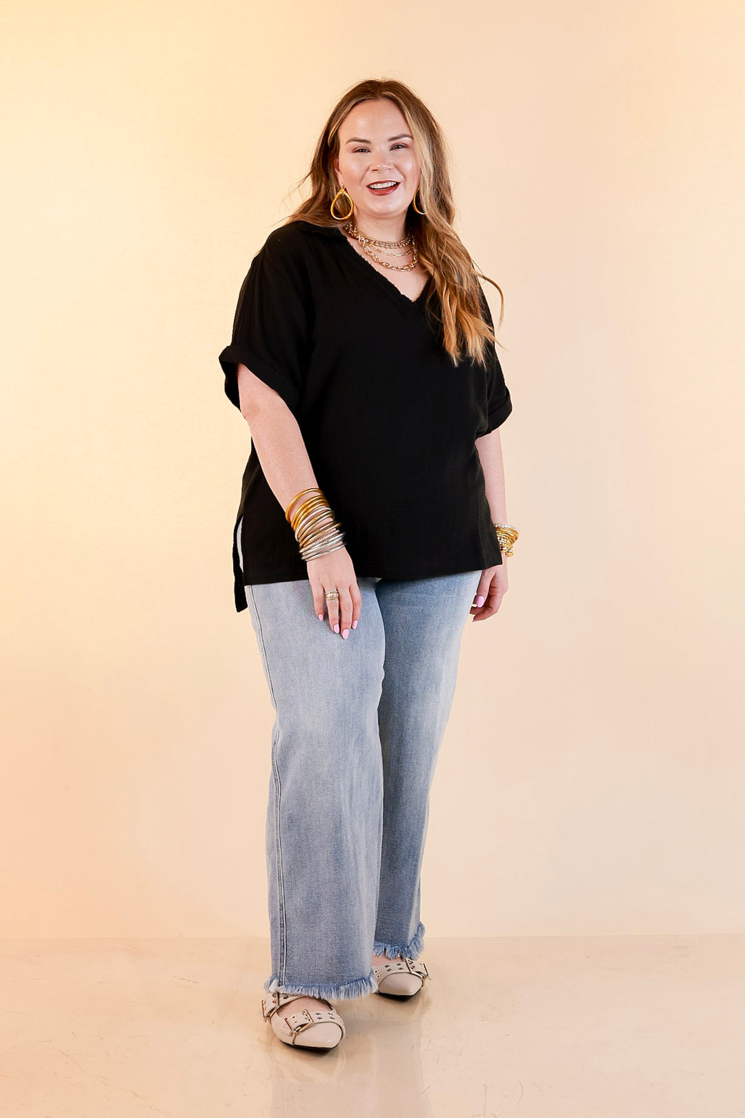 Quite Appropriate Short Sleeve Collared V Neck Linen Top with Rolled Sleeve Detail in Black
