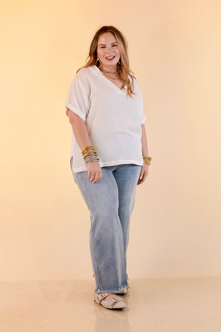 Quite Appropriate Short Sleeve Collared V Neck Linen Top with Rolled Sleeve Detail in White