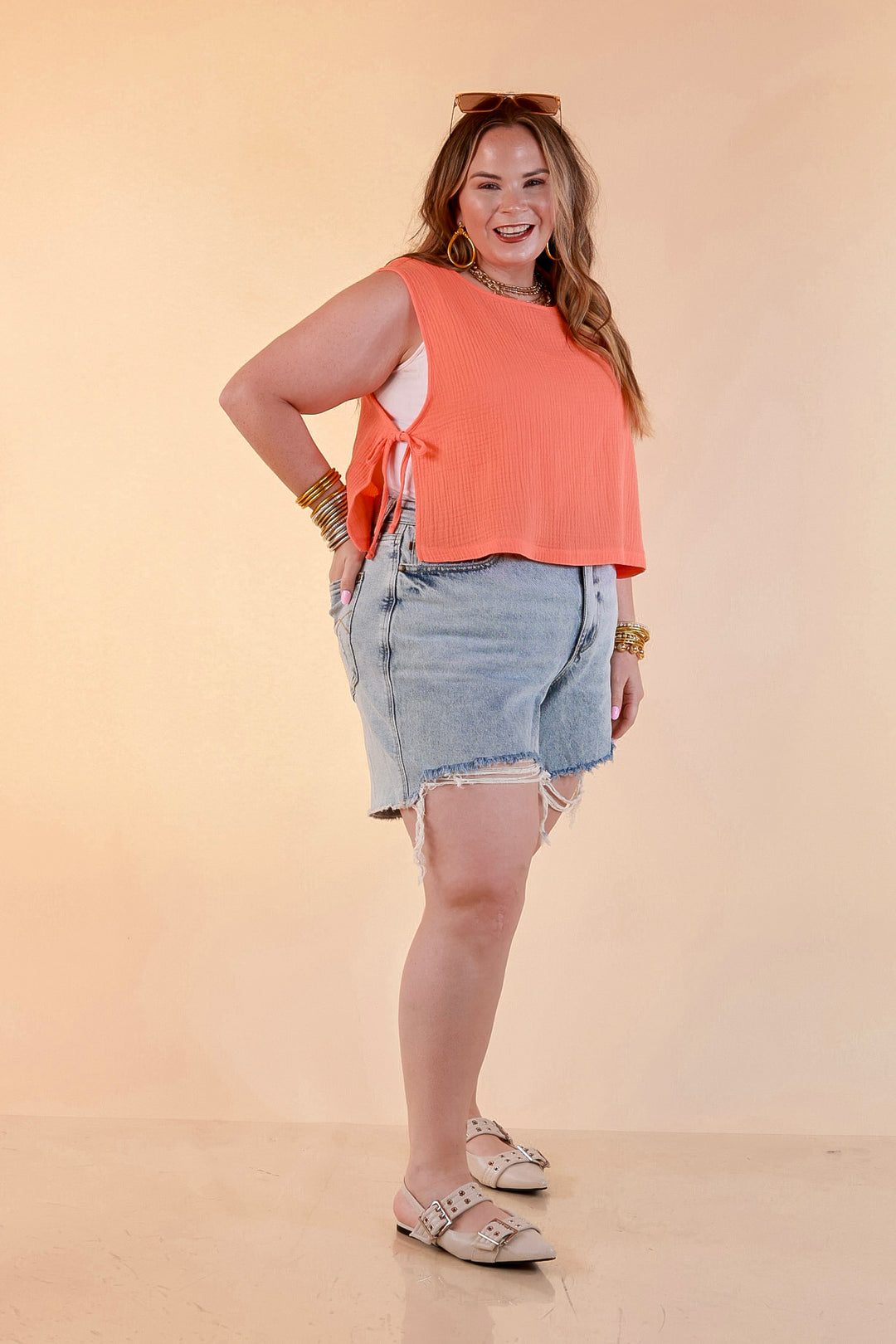 Tie it Together Sleeveless Linen Tank Top with Side Tie Detail in Coral Orange