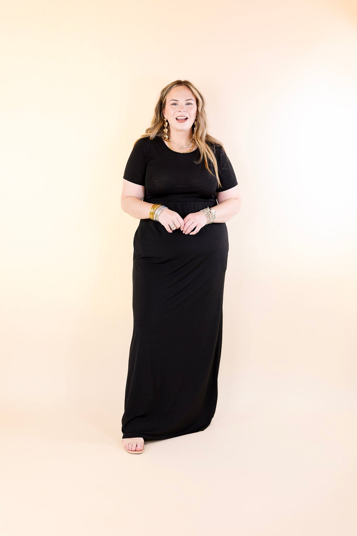 Just Landed Short Sleeve Babydoll Maxi Dress in Black