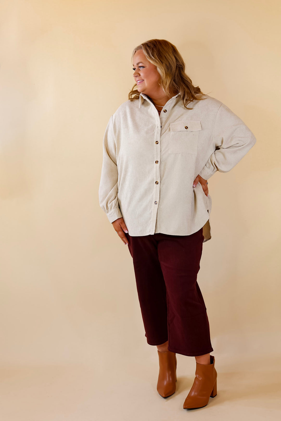 All Dolled Up Button Up Corduroy Shacket in Ivory - Giddy Up Glamour Boutique