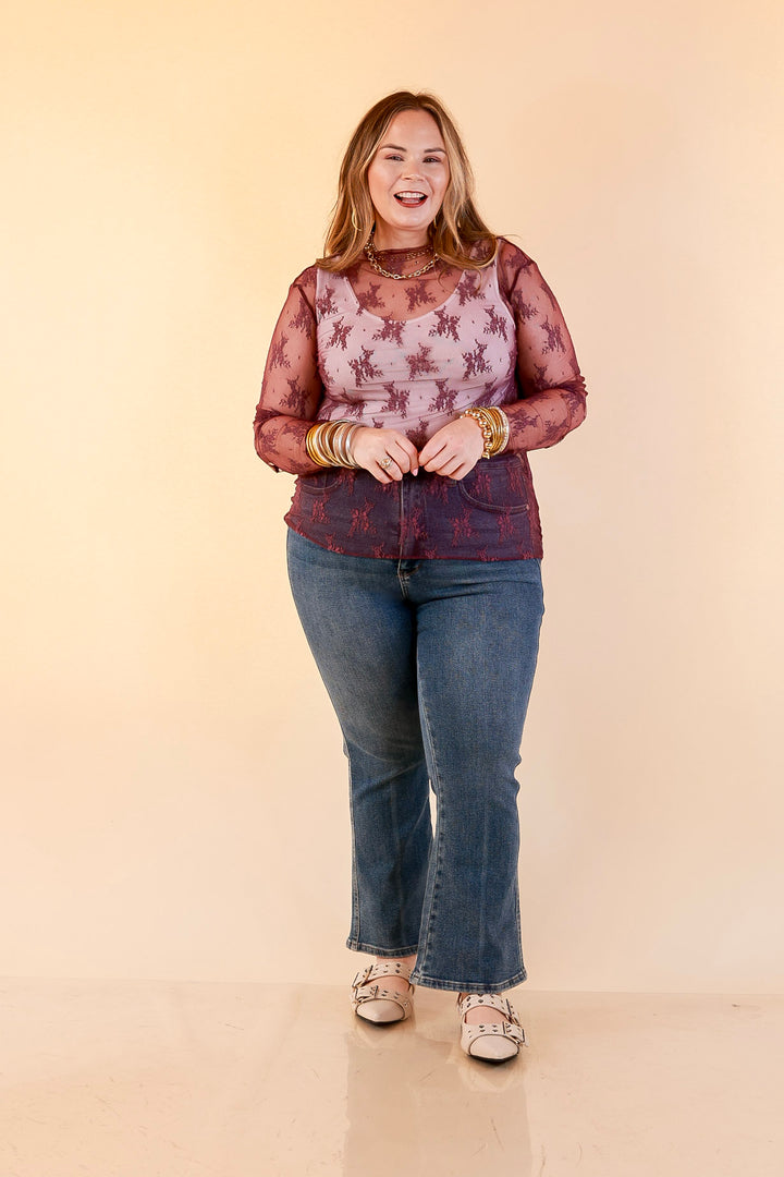 Delicate Charm Long Sleeve Sheer Lace Top with Mock Neck in Dark Purple