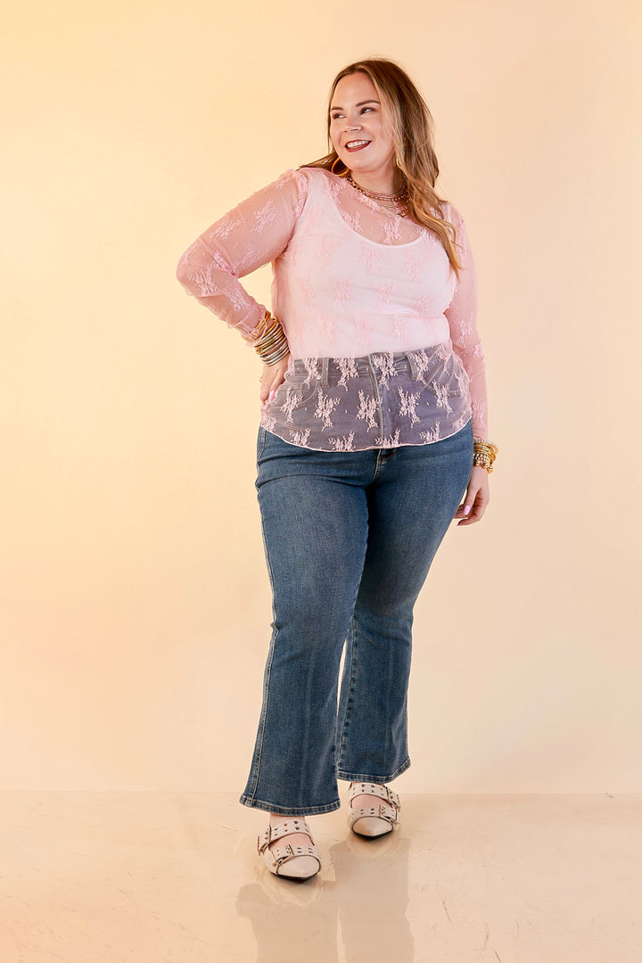 Delicate Charm Long Sleeve Sheer Lace Top with Mock Neck in Pale Pink