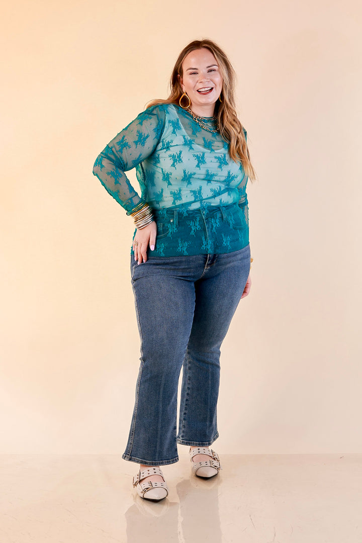 Delicate Charm Long Sleeve Sheer Lace Top with Mock Neck in Turquoise Blue