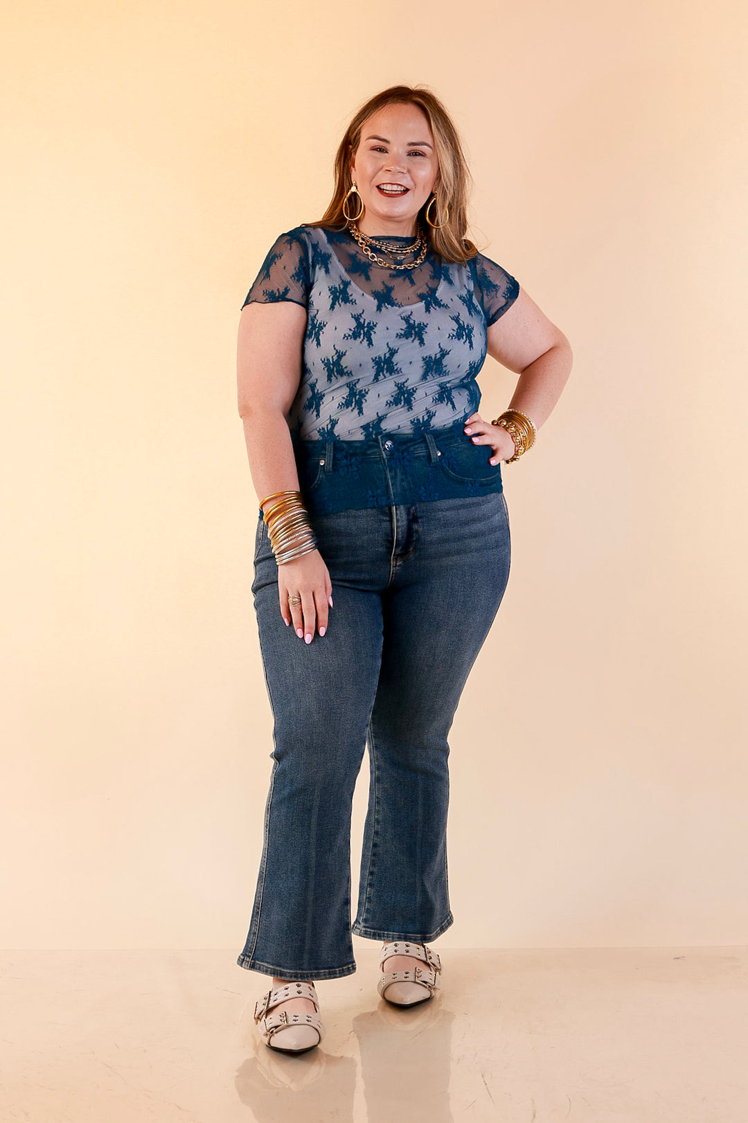 Lovely in Lace Sheer Mock Neck Short Sleeve Top in Teal Blue