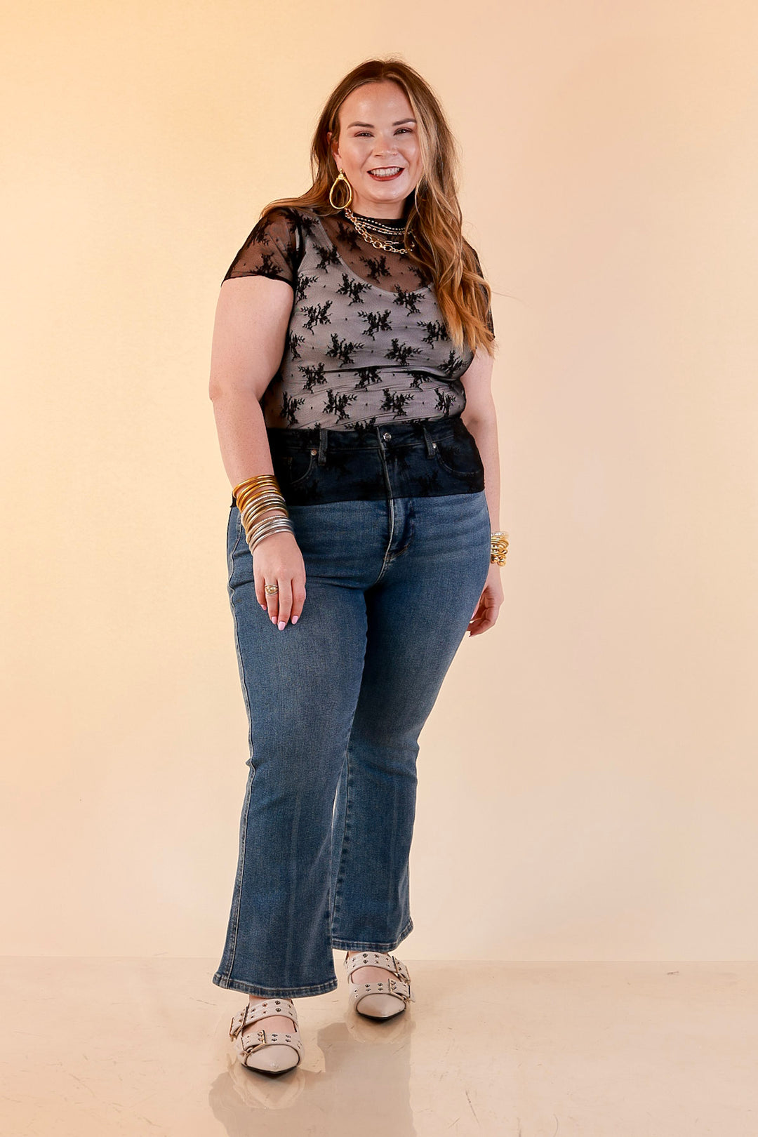 Lovely in Lace Sheer Mock Neck Short Sleeve Top in Black