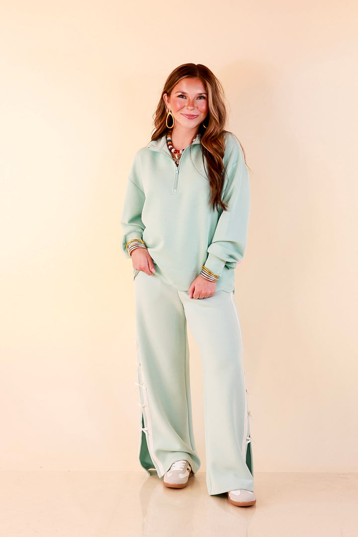 Simply Southern | Modern Staple Buttery Soft Pull-On Wide Leg Knit Pants with Side Bow Detail in Light Dusty Teal Blue