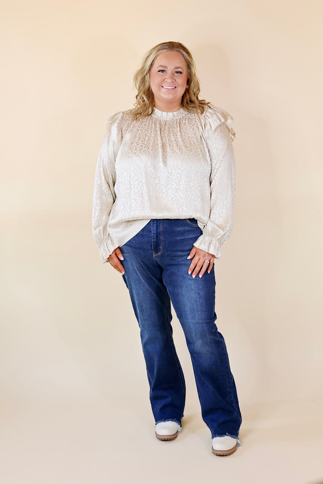 Can't Stop Me Ruffle Mock Neck Long Sleeve Leopard Print Satin Top in Ivory - Giddy Up Glamour Boutique