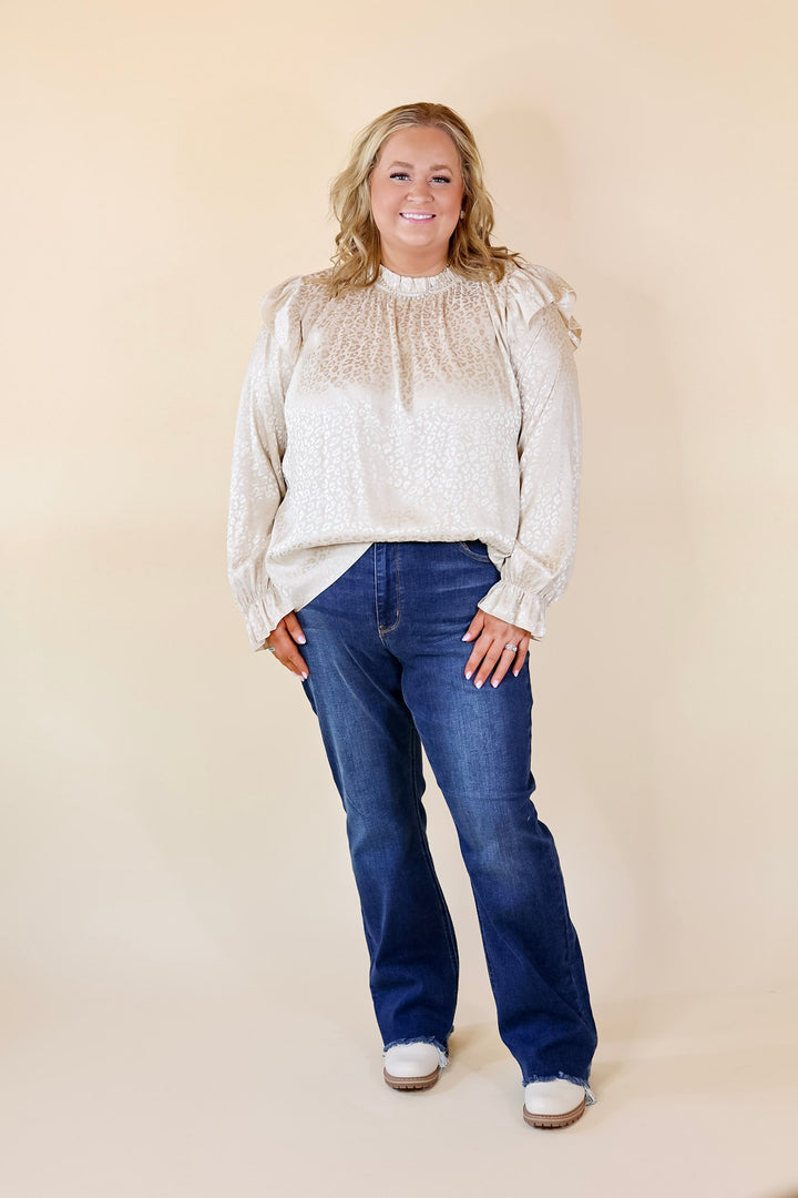 Can't Stop Me Ruffle Mock Neck Long Sleeve Leopard Print Satin Top in Ivory - Giddy Up Glamour Boutique