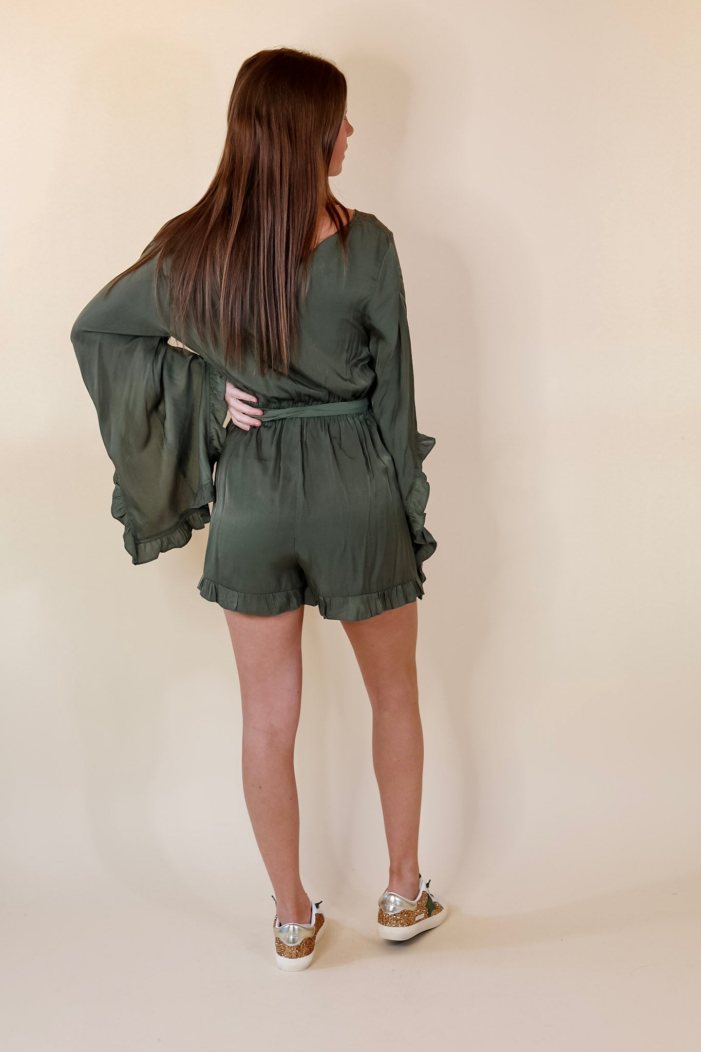 Something More Ruffle Trim Long Sleeve Satin Romper in Olive Green - Giddy Up Glamour Boutique