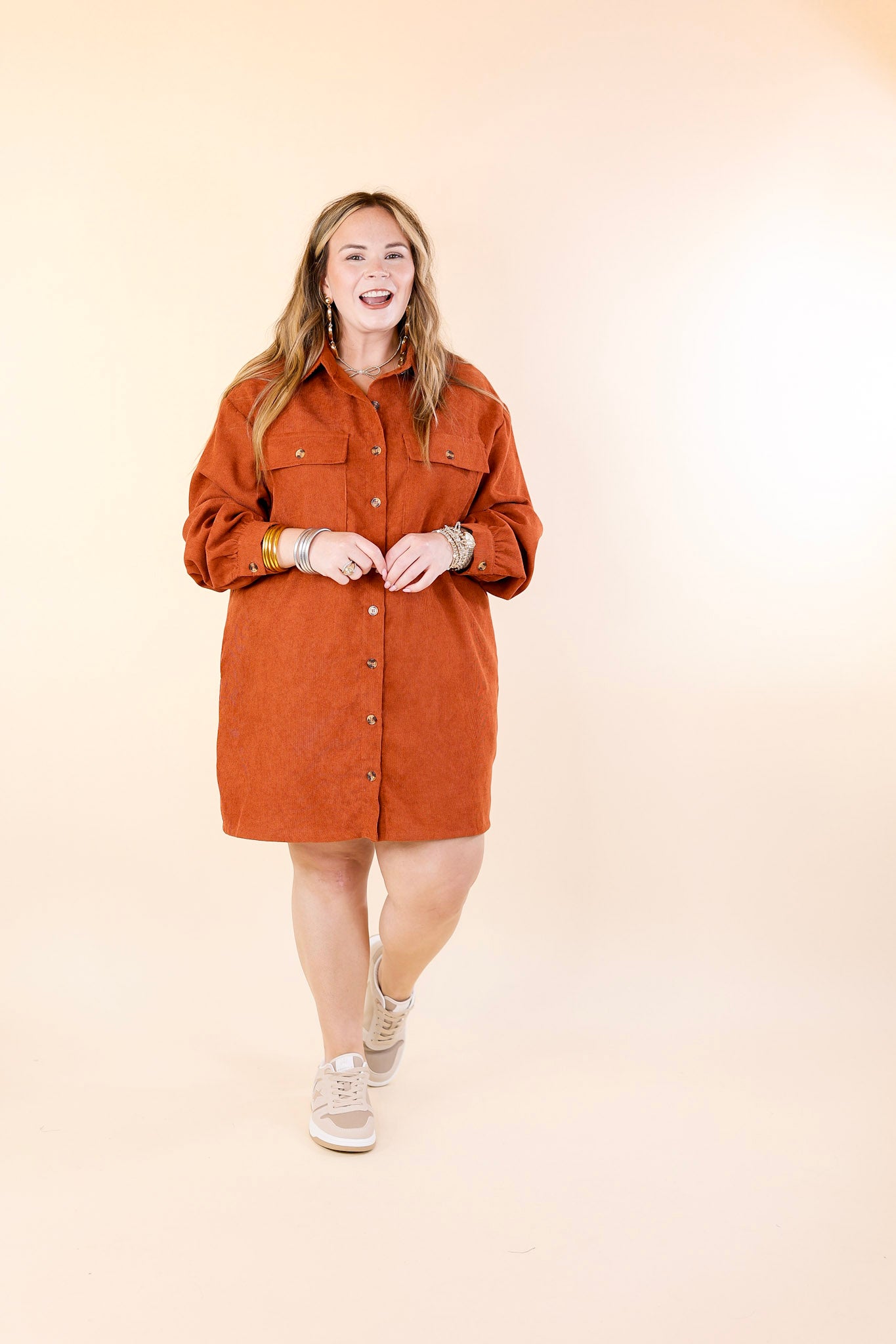 Peanut Brittle Button Up Corduroy Long Sleeve Dress in Rust Orange