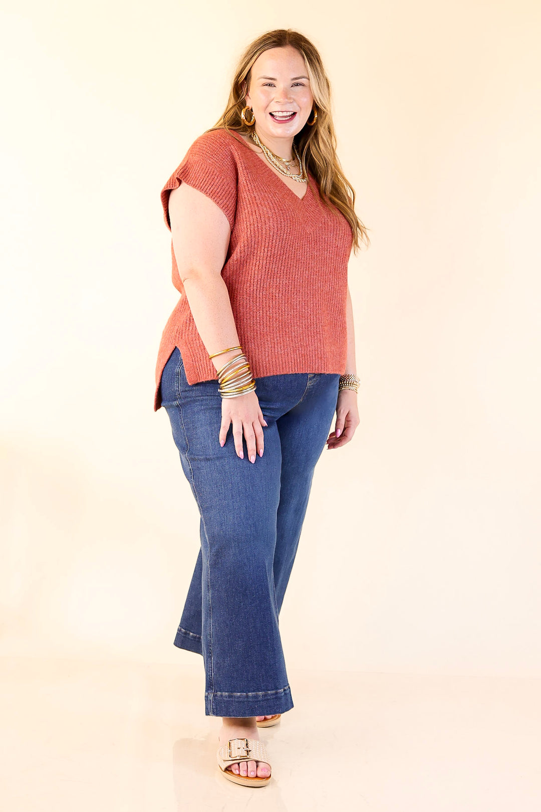 Fall For You Textured V-Neck Oversized Knit Sweater Vest Top in Rust Orange