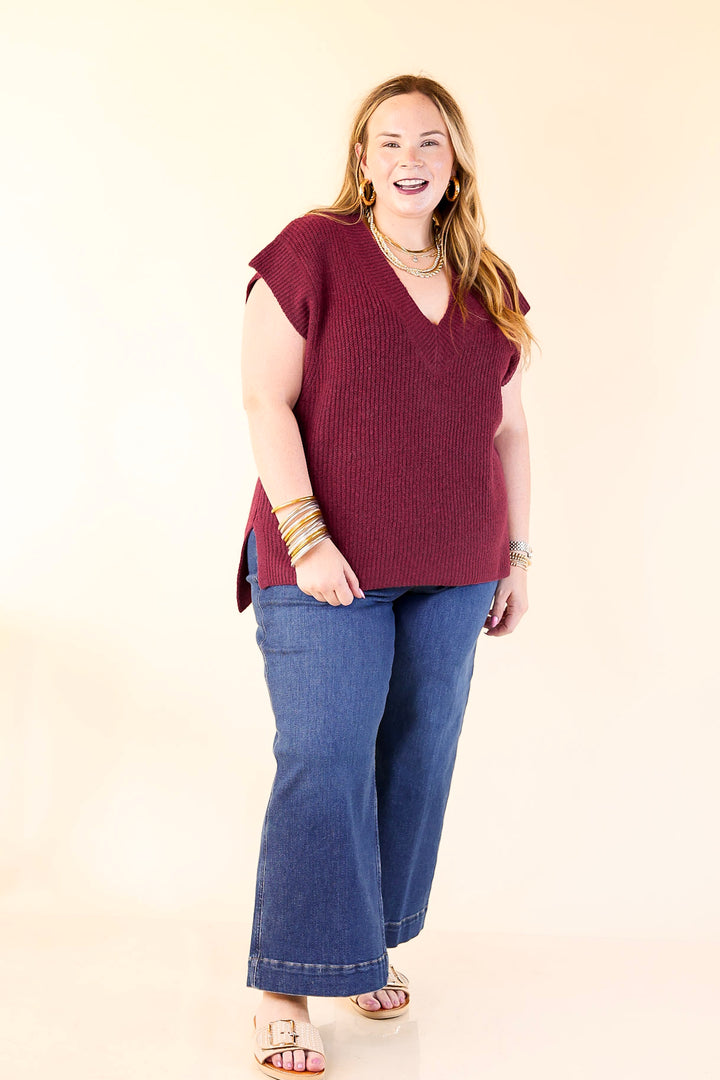 Fall For You Textured V-Neck Oversized Knit Sweater Vest Top in Maroon