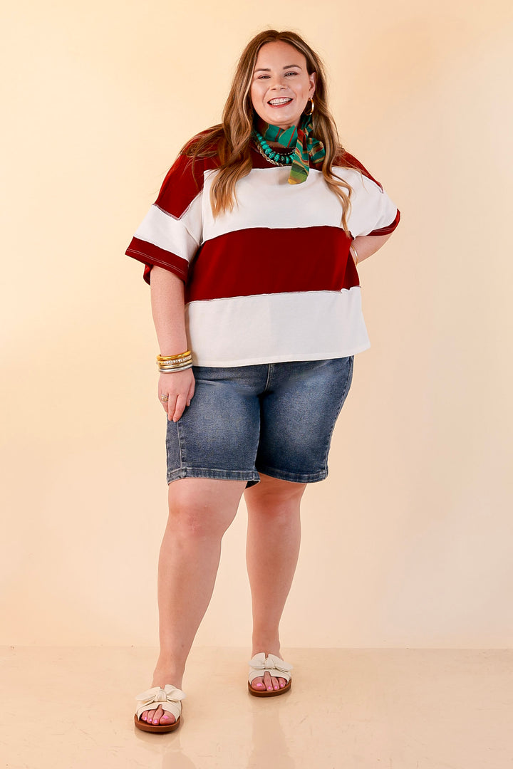 Simply Striking Color Block Rugby Style Wide Stripe Relaxed Short Sleeve Top in Maroon