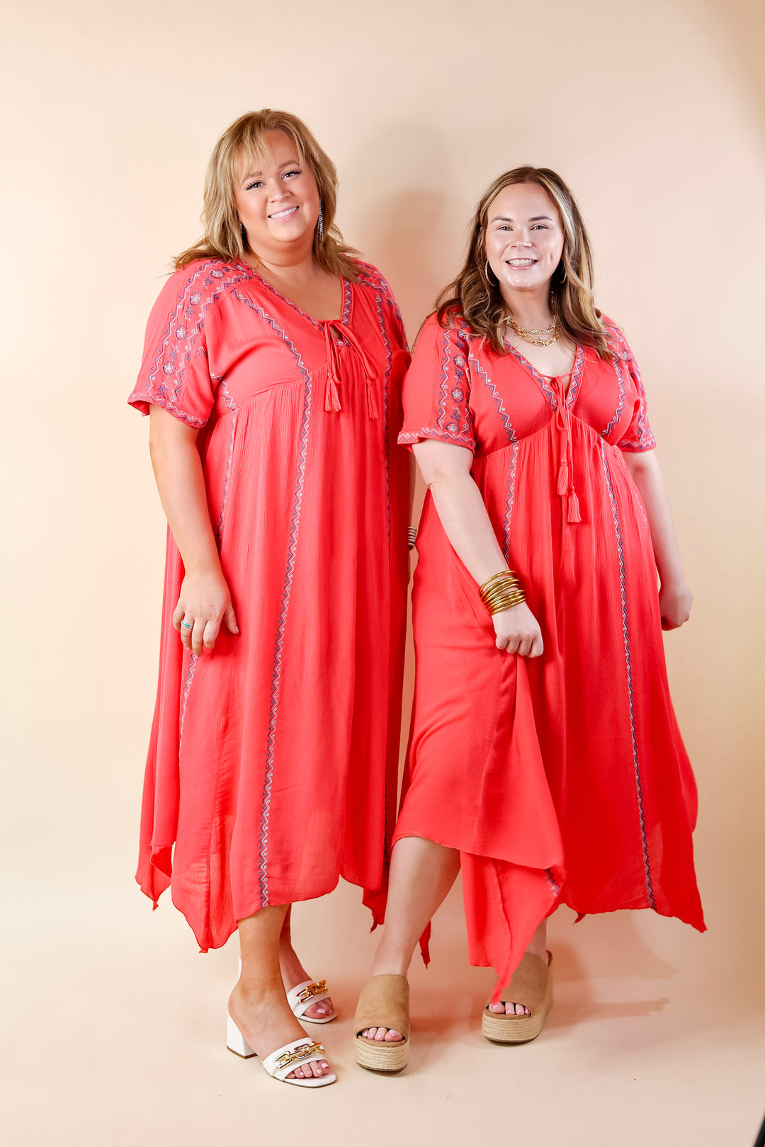 Just For You Embroidered Maxi Dress with Tassel Tie Neck in Coral - Giddy Up Glamour Boutique