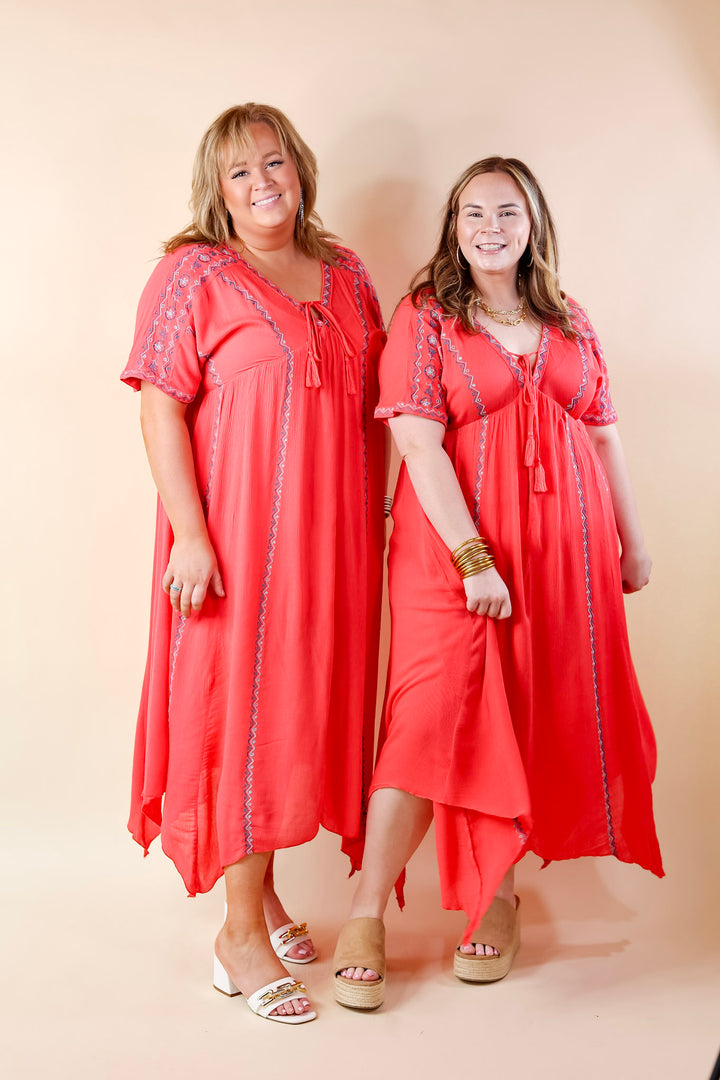 Just For You Embroidered Maxi Dress with Tassel Tie Neck in Coral - Giddy Up Glamour Boutique