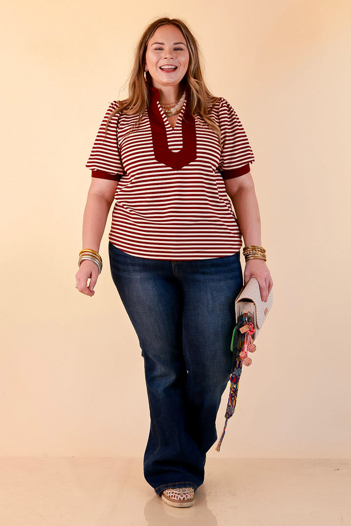 Confidently Yours Short Sleeve Contrast Trim Striped Top in Maroon and Cream