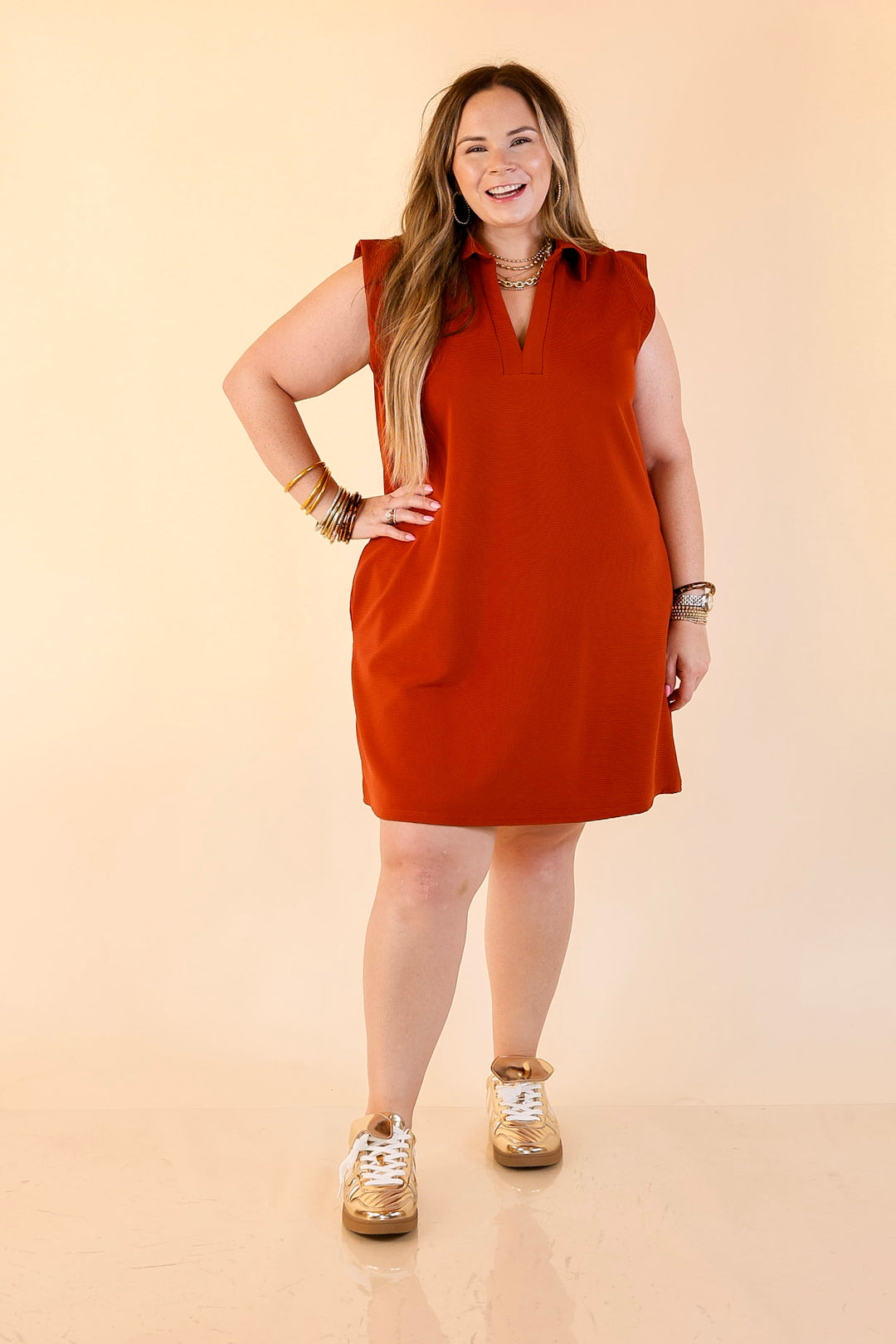 Polished Perfection Cap Sleeve Dress with Collar in Rust Orange