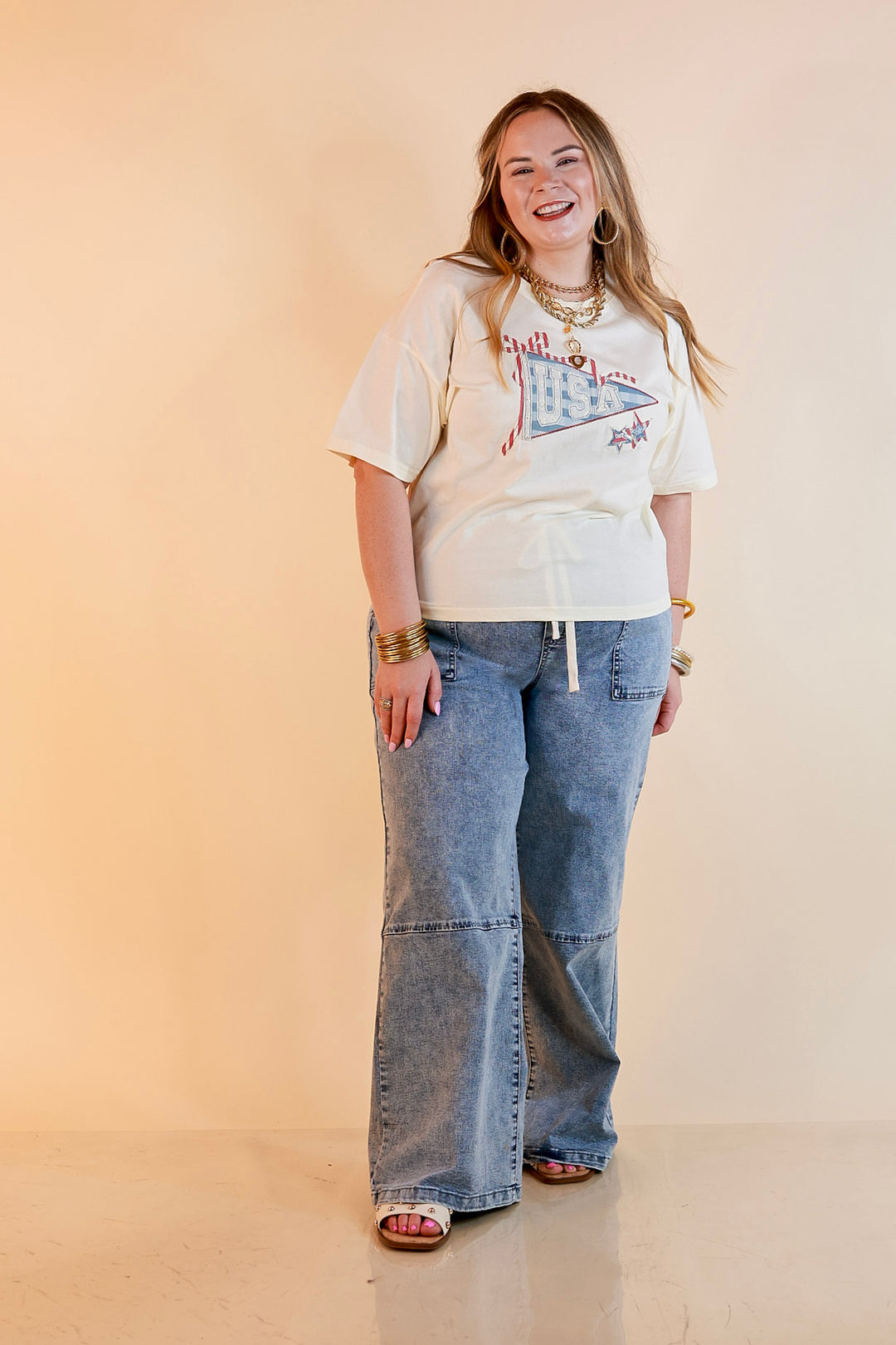 Simply Southern | American It Girl Short Sleeve Graphic Tee with USA Pennant Applique in Beige