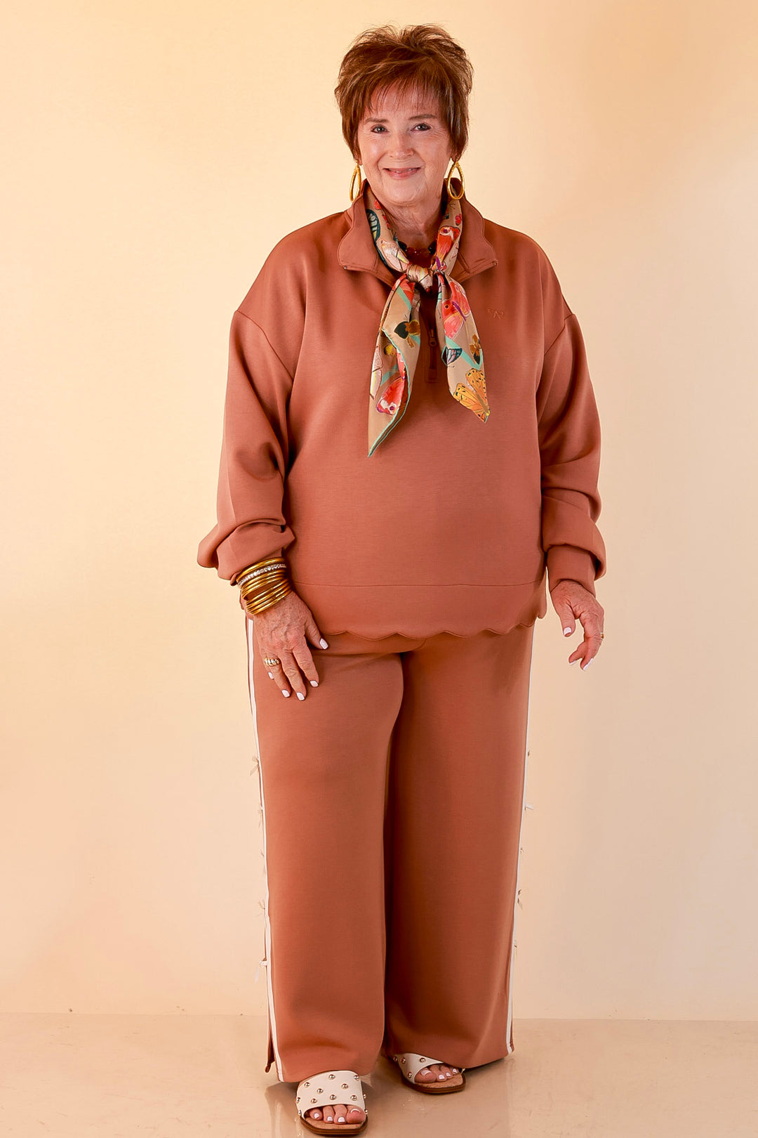 Simply Southern | Modern Staple Half Zip Pullover with Scalloped Edge in Mocha Brown