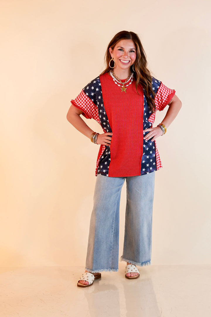 Make Your Mark Ribbed Scoop Neck Mixed Print Short Sleeve Top with Star and Gingham Detailing in Red