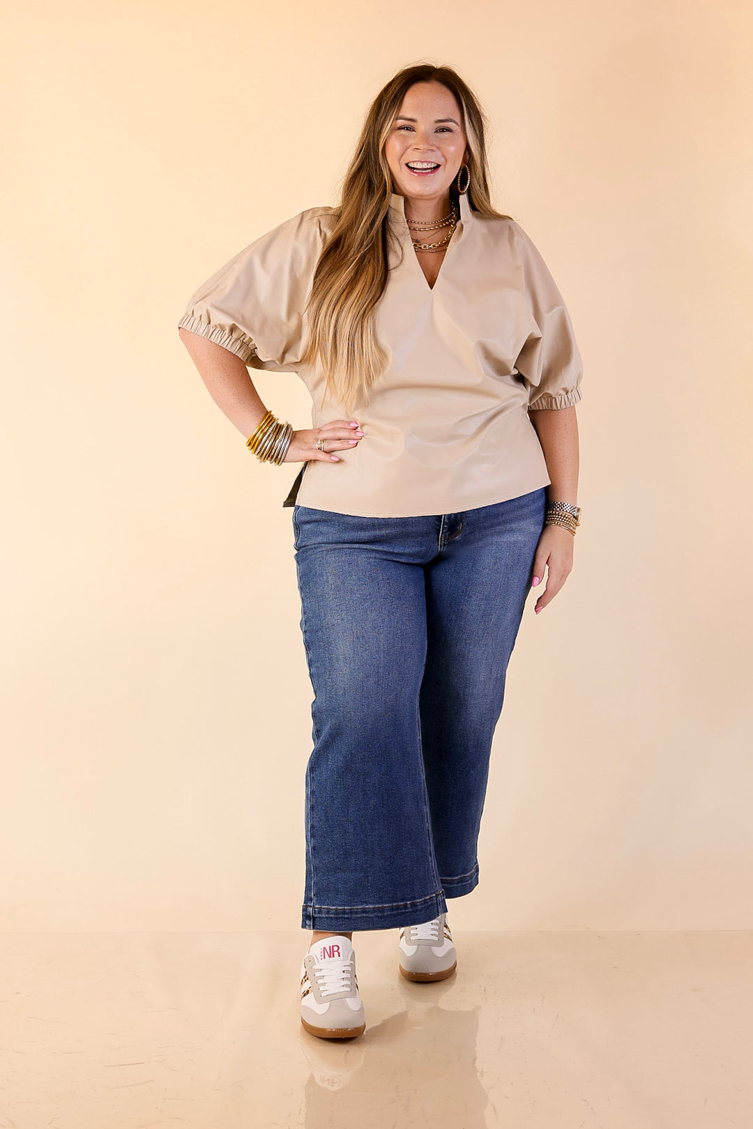 Effortlessly Cool Faux Leather Top with Short Balloon Sleeves in Ivory