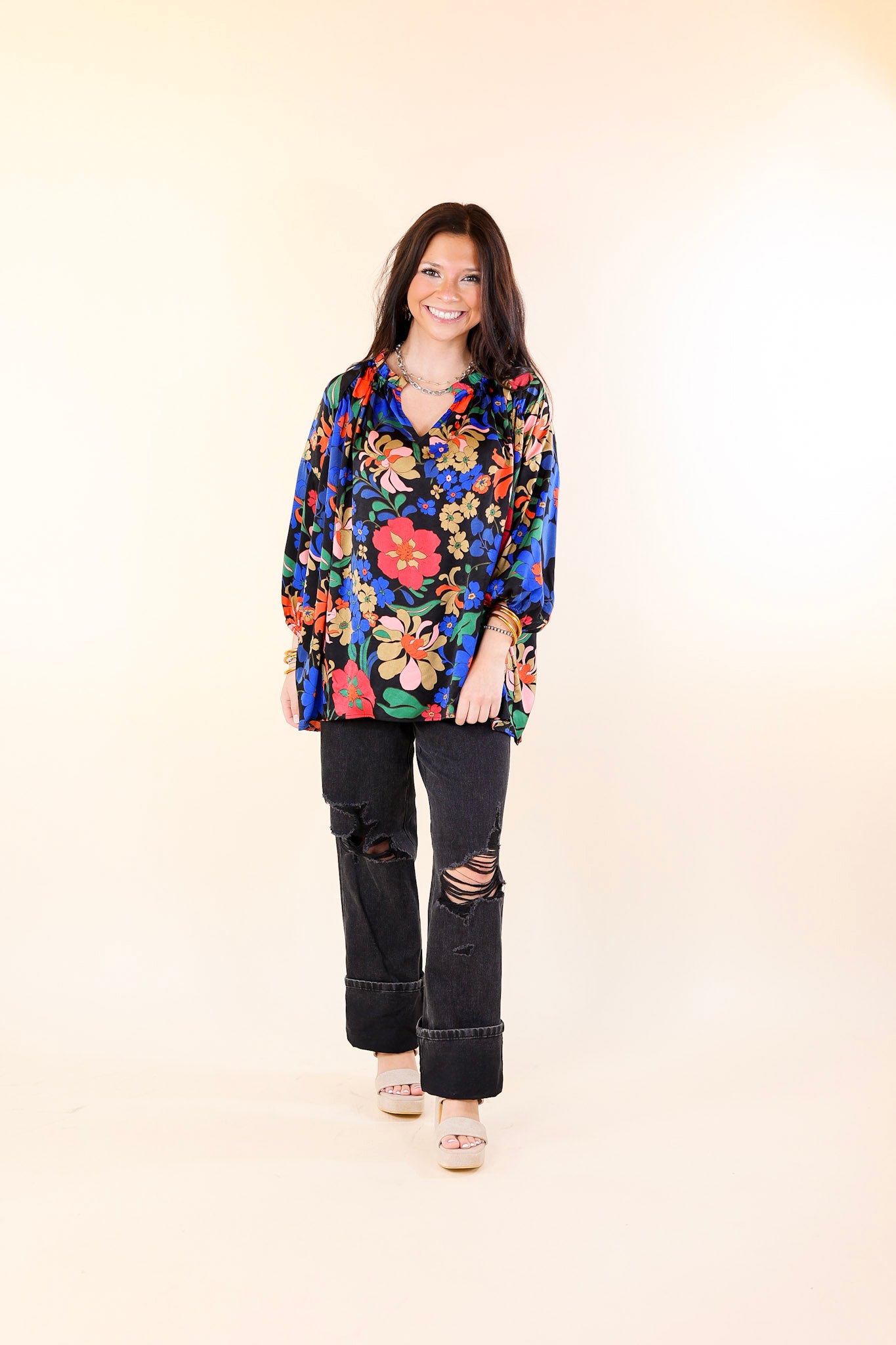 Falling For Floral 3/4 Sleeve Top with Notched Neck in Black