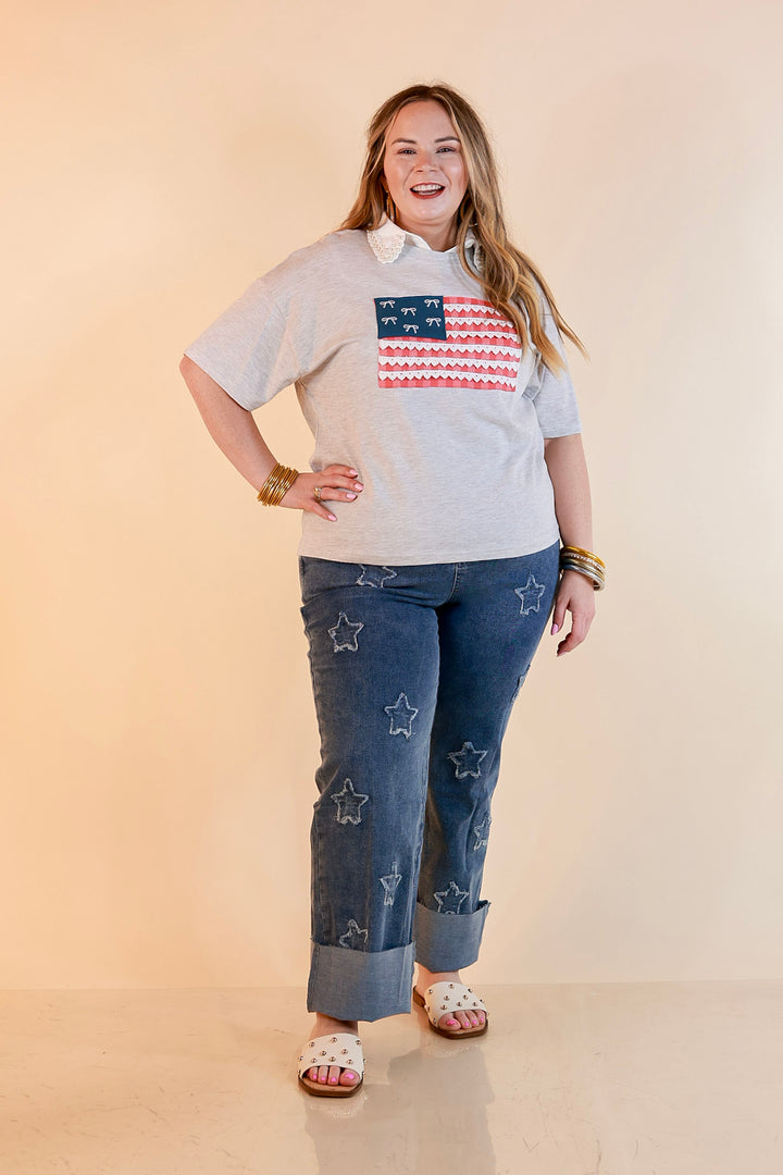 Simply Southern | American It Girl Short Sleeve Graphic Tee with Lace Flag Applique in Heather Grey
