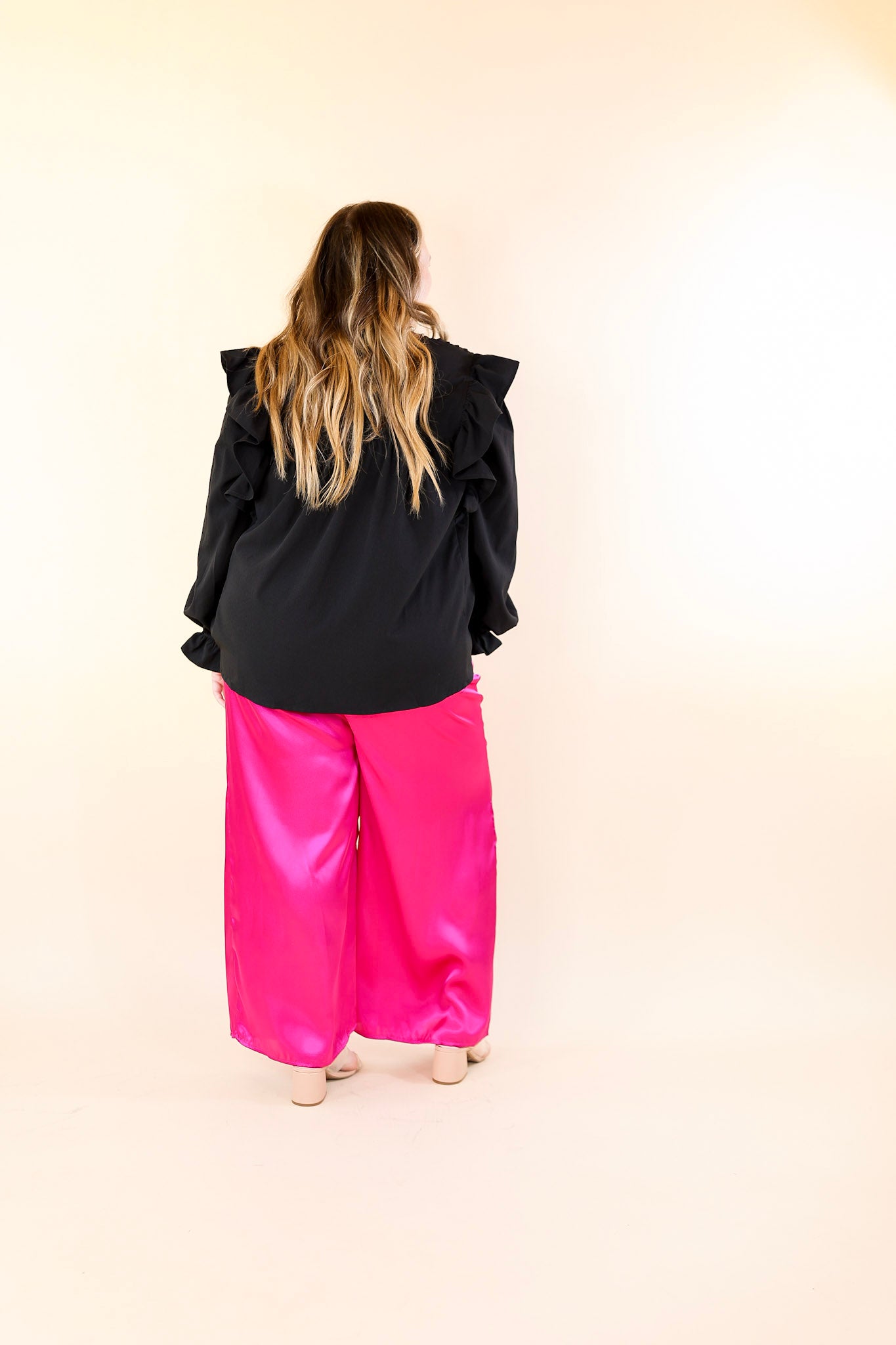 Dare To Dazzle Wide Leg Satin Pants with Waist Tie in Fuchsia Pink