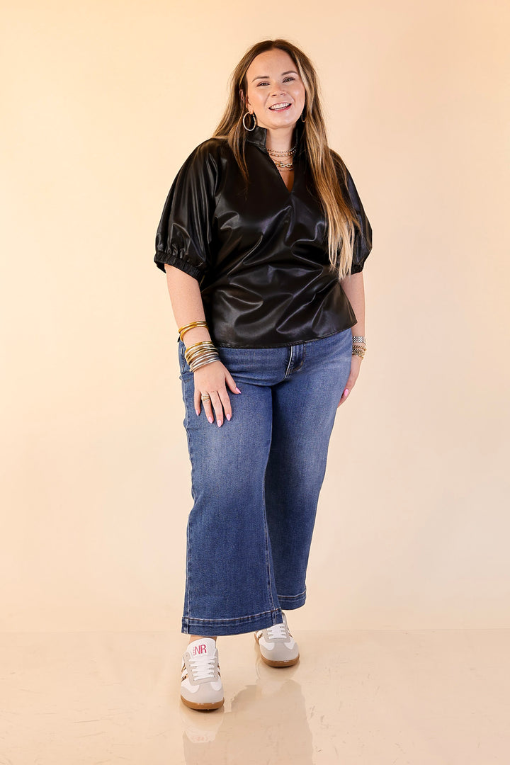 Effortlessly Cool Faux Leather Top with Short Balloon Sleeves in Black