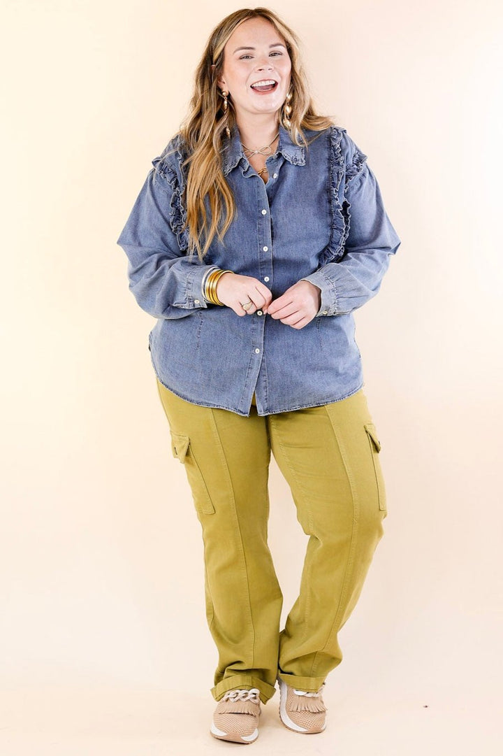 Attention To Detail Button Up Collared Denim Top with Ruffle Detail
