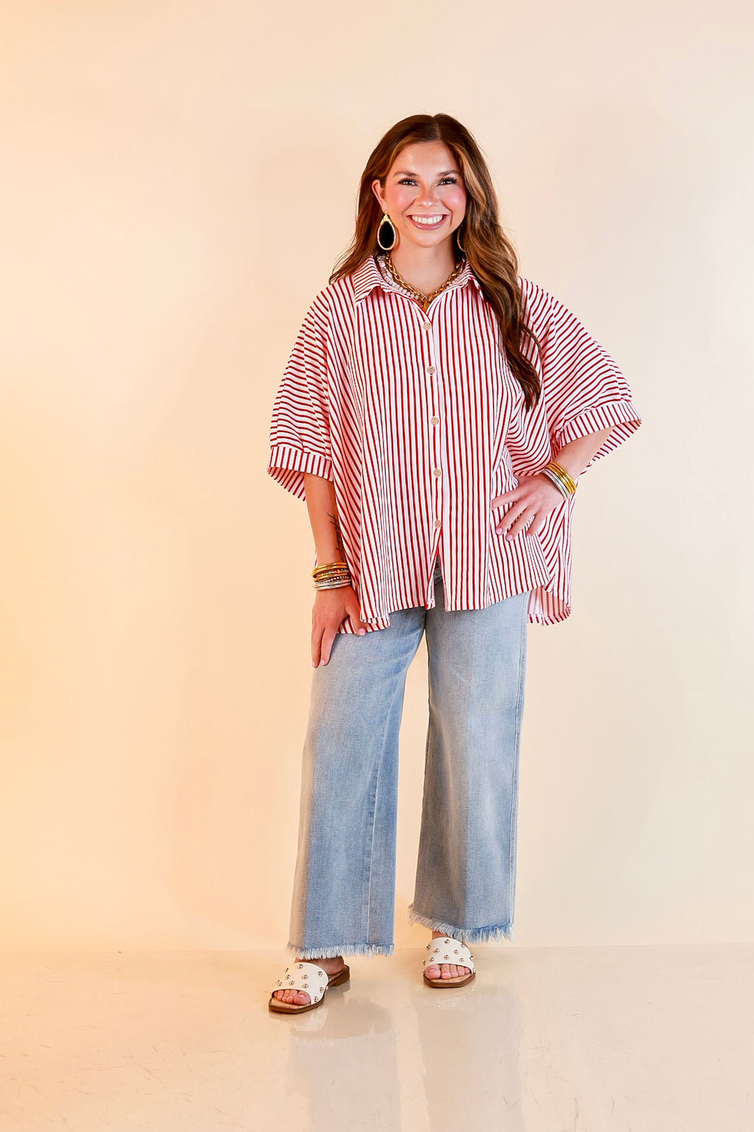 Effortlessly Aligned Button Down Collared Top with Vertical Ivory Stripe Detail in Red